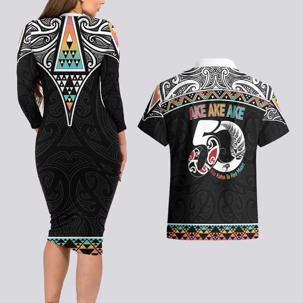 50 Years Kia Kaha Te Reo Maori Couples Matching Long Sleeve Bodycon Dress and Hawaiian Shirt Ake Ake Ake! - Aussie Hoodie