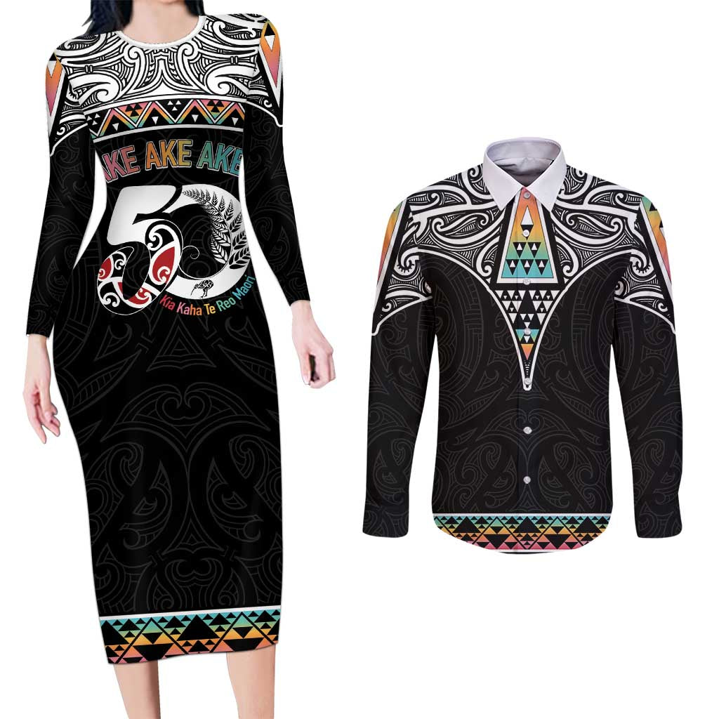 50 Years Kia Kaha Te Reo Maori Couples Matching Long Sleeve Bodycon Dress and Long Sleeve Button Shirt Ake Ake Ake! - Aussie Hoodie