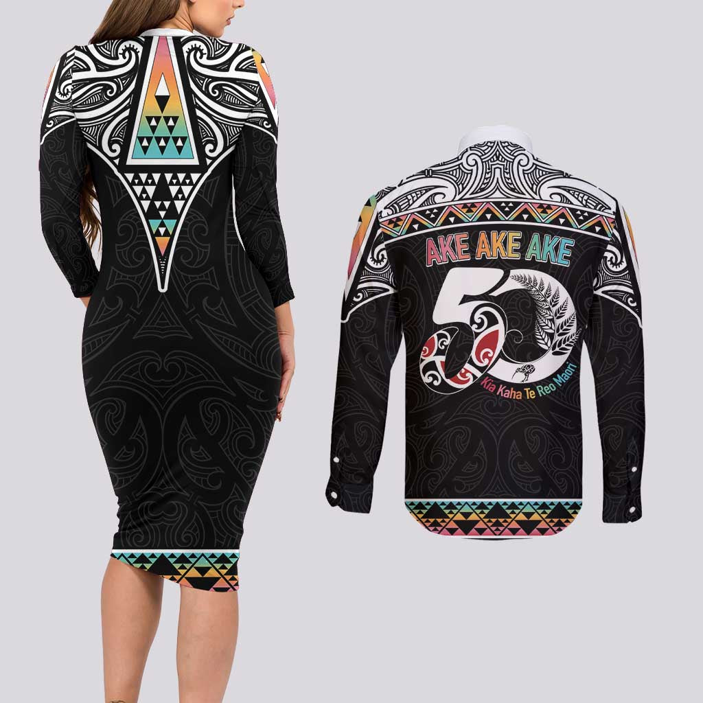 50 Years Kia Kaha Te Reo Maori Couples Matching Long Sleeve Bodycon Dress and Long Sleeve Button Shirt Ake Ake Ake! - Aussie Hoodie