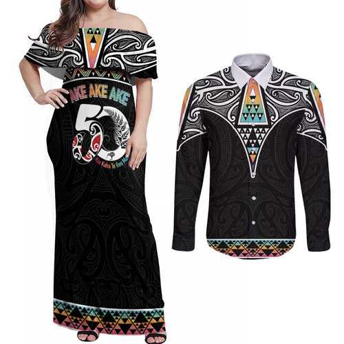 50 Years Kia Kaha Te Reo Maori Couples Matching Off Shoulder Maxi Dress and Long Sleeve Button Shirt Ake Ake Ake! - Aussie Hoodie