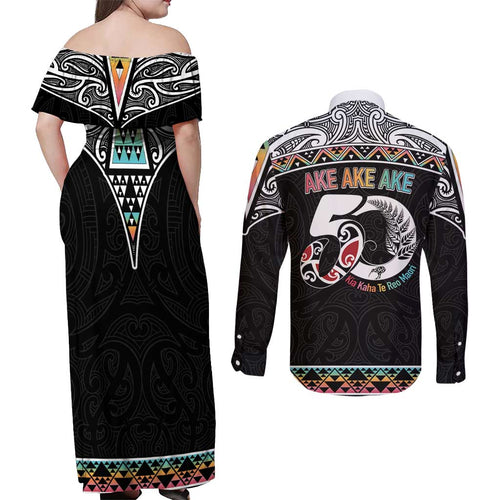50 Years Kia Kaha Te Reo Maori Couples Matching Off Shoulder Maxi Dress and Long Sleeve Button Shirt Ake Ake Ake! - Aussie Hoodie