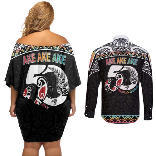 50 Years Kia Kaha Te Reo Maori Couples Matching Off Shoulder Short Dress and Long Sleeve Button Shirt Ake Ake Ake! - Aussie Hoodie