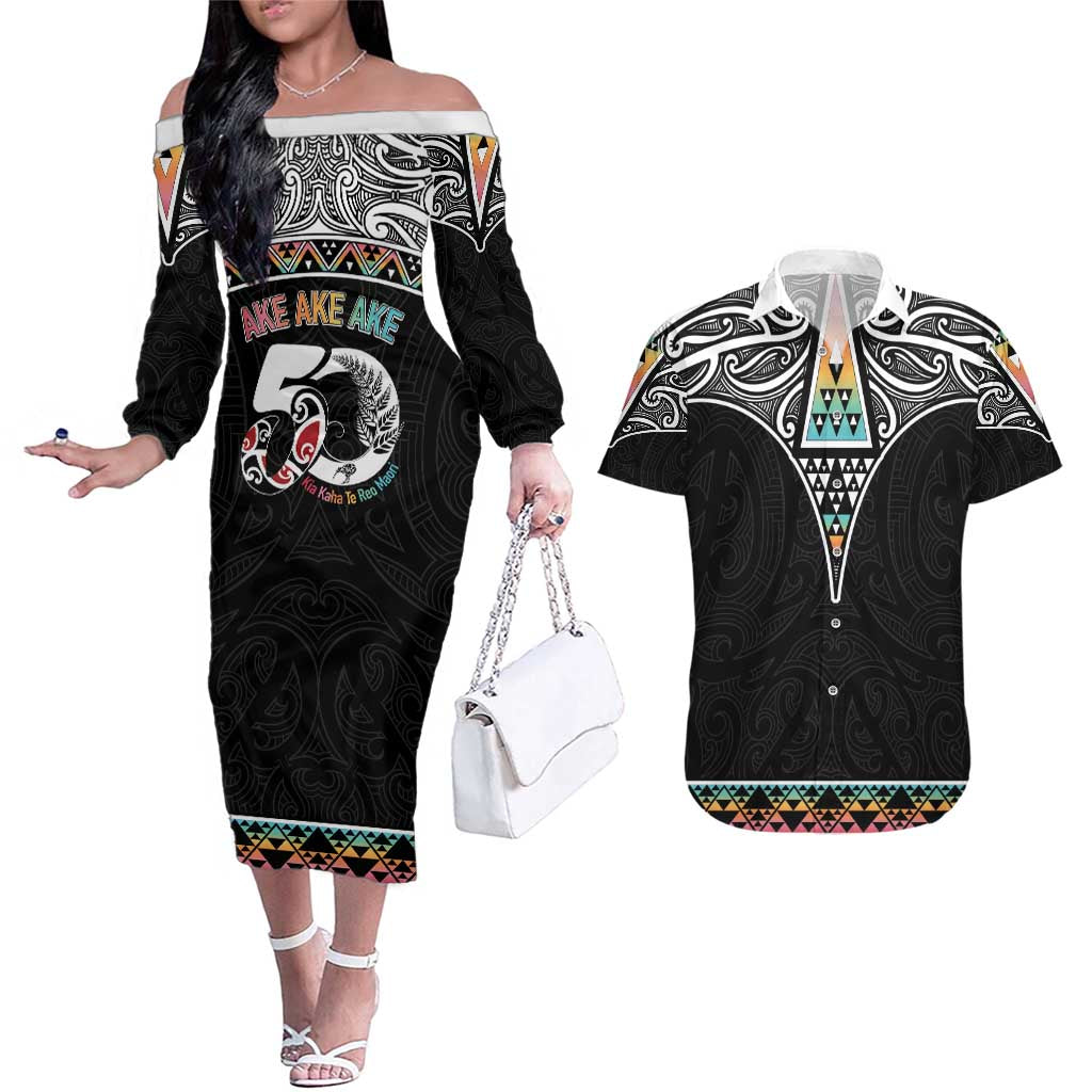 50 Years Kia Kaha Te Reo Maori Couples Matching Off The Shoulder Long Sleeve Dress and Hawaiian Shirt Ake Ake Ake! - Aussie Hoodie