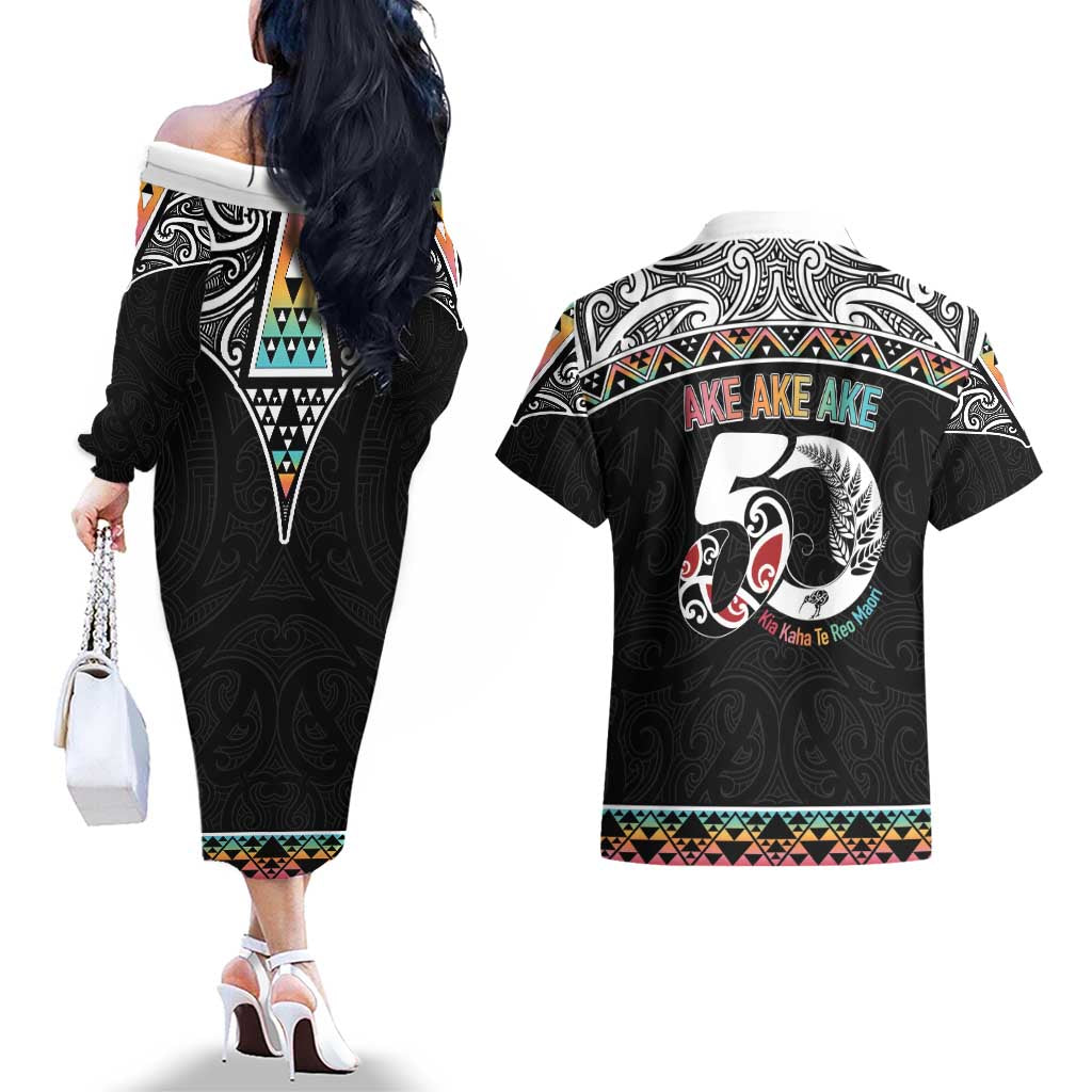 50 Years Kia Kaha Te Reo Maori Couples Matching Off The Shoulder Long Sleeve Dress and Hawaiian Shirt Ake Ake Ake! - Aussie Hoodie