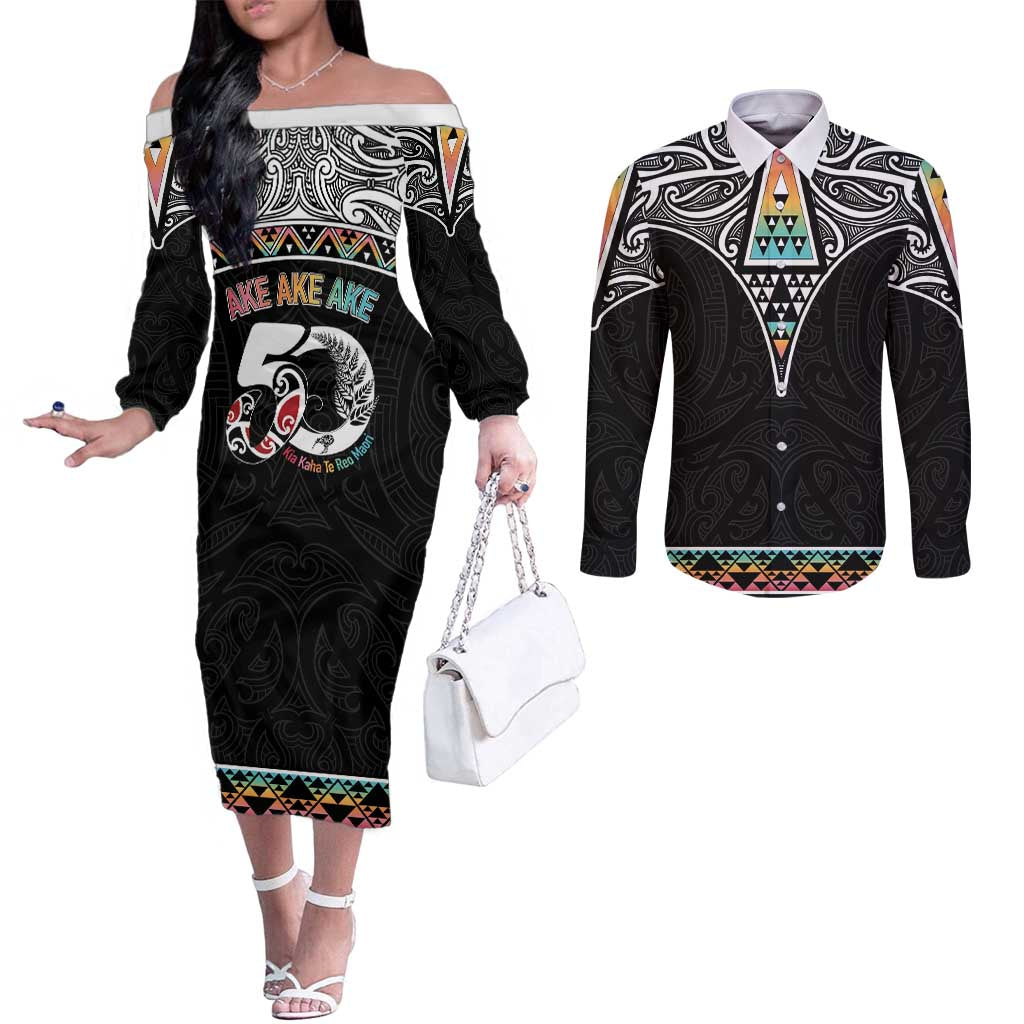 50 Years Kia Kaha Te Reo Maori Couples Matching Off The Shoulder Long Sleeve Dress and Long Sleeve Button Shirt Ake Ake Ake! - Aussie Hoodie