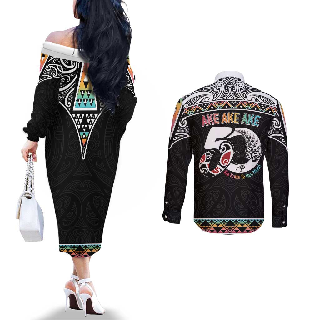 50 Years Kia Kaha Te Reo Maori Couples Matching Off The Shoulder Long Sleeve Dress and Long Sleeve Button Shirt Ake Ake Ake! - Aussie Hoodie
