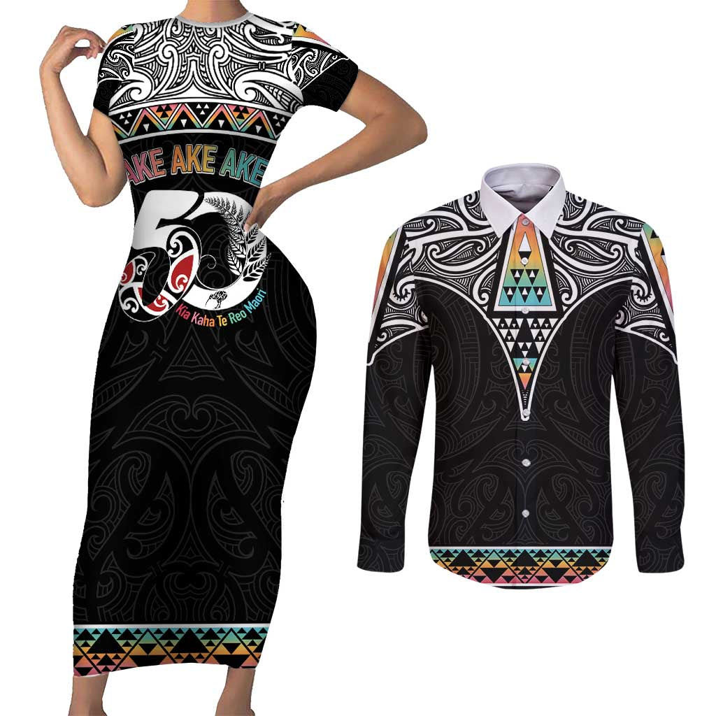 50 Years Kia Kaha Te Reo Maori Couples Matching Short Sleeve Bodycon Dress and Long Sleeve Button Shirt Ake Ake Ake! - Aussie Hoodie