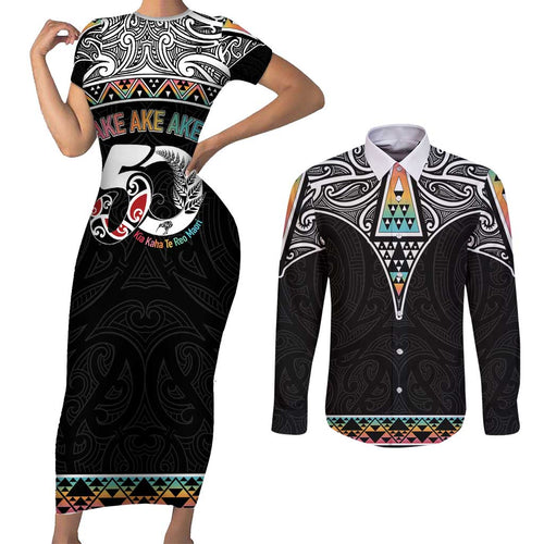50 Years Kia Kaha Te Reo Maori Couples Matching Short Sleeve Bodycon Dress and Long Sleeve Button Shirt Ake Ake Ake! - Aussie Hoodie