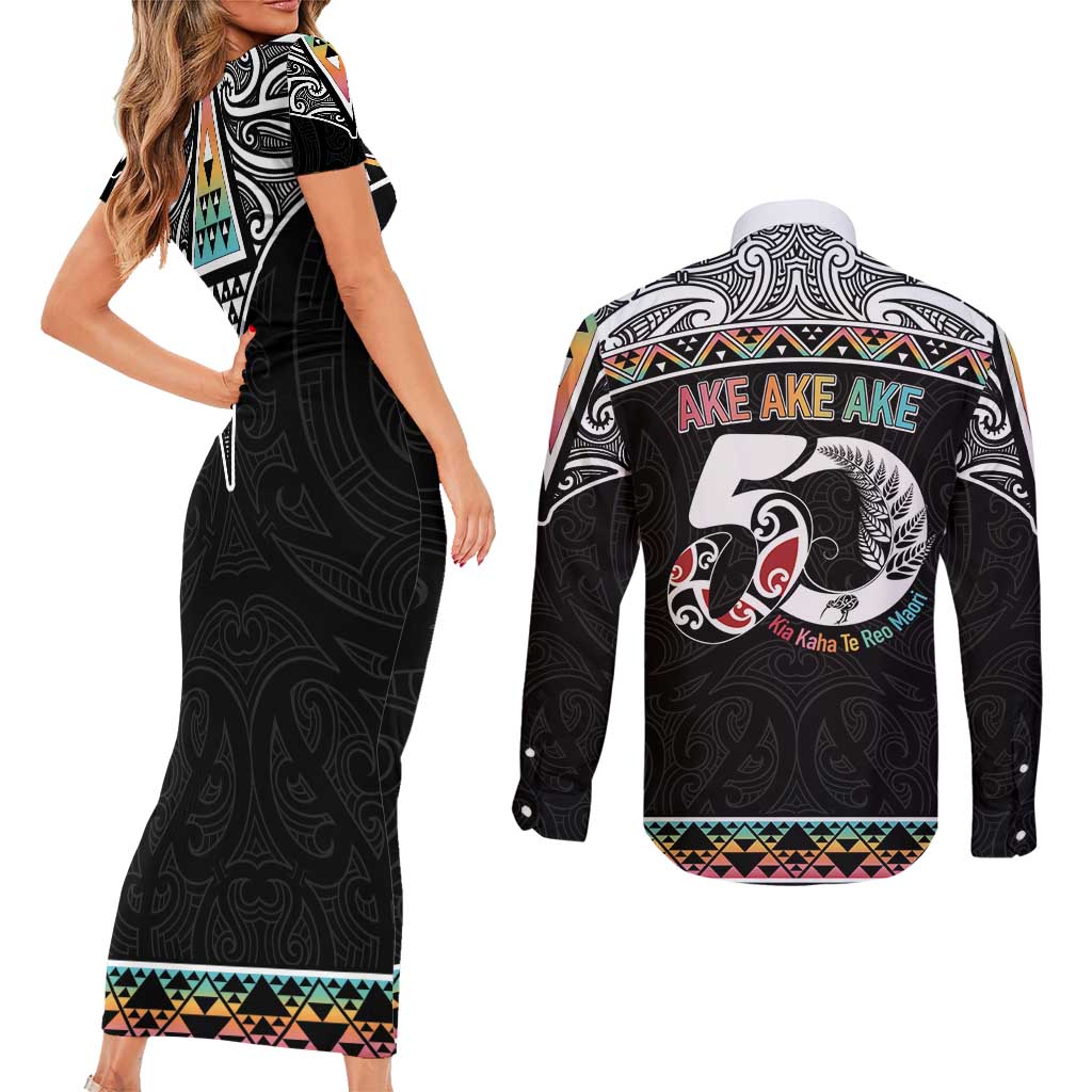 50 Years Kia Kaha Te Reo Maori Couples Matching Short Sleeve Bodycon Dress and Long Sleeve Button Shirt Ake Ake Ake! - Aussie Hoodie