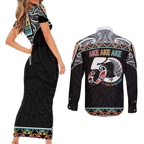 50 Years Kia Kaha Te Reo Maori Couples Matching Short Sleeve Bodycon Dress and Long Sleeve Button Shirt Ake Ake Ake! - Aussie Hoodie