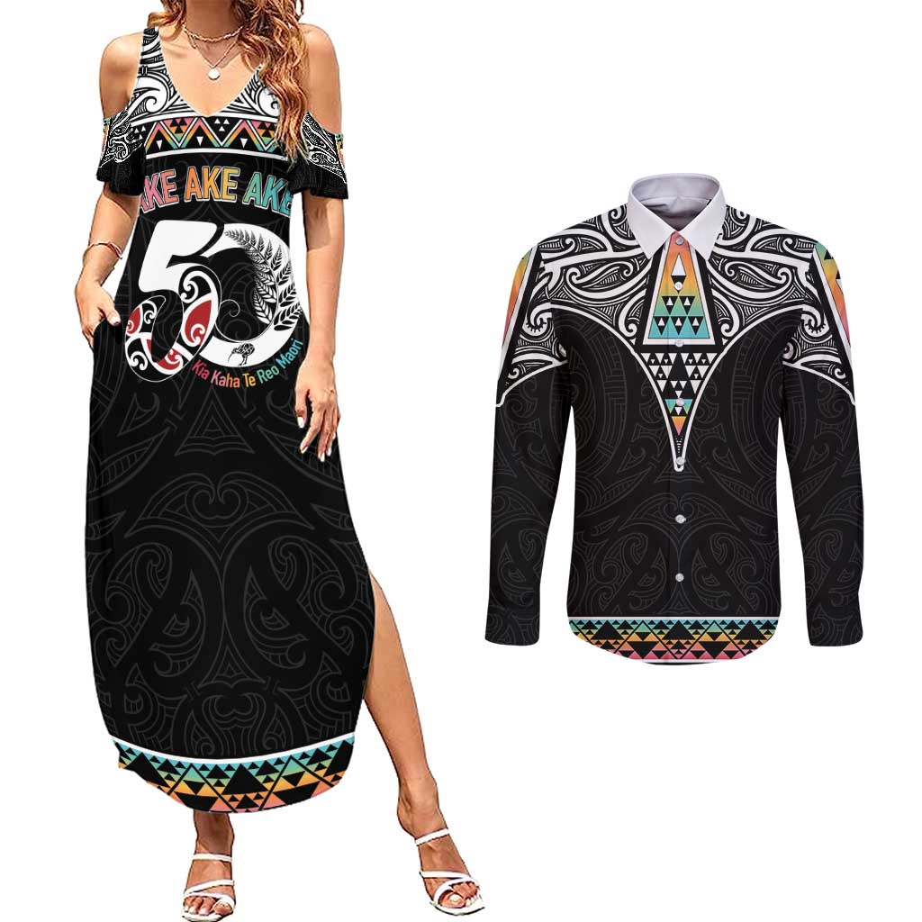 50 Years Kia Kaha Te Reo Maori Couples Matching Summer Maxi Dress and Long Sleeve Button Shirt Ake Ake Ake! - Aussie Hoodie