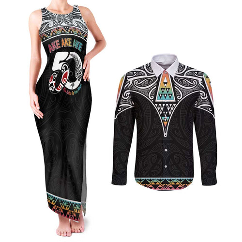50 Years Kia Kaha Te Reo Maori Couples Matching Tank Maxi Dress and Long Sleeve Button Shirt Ake Ake Ake! - Aussie Hoodie