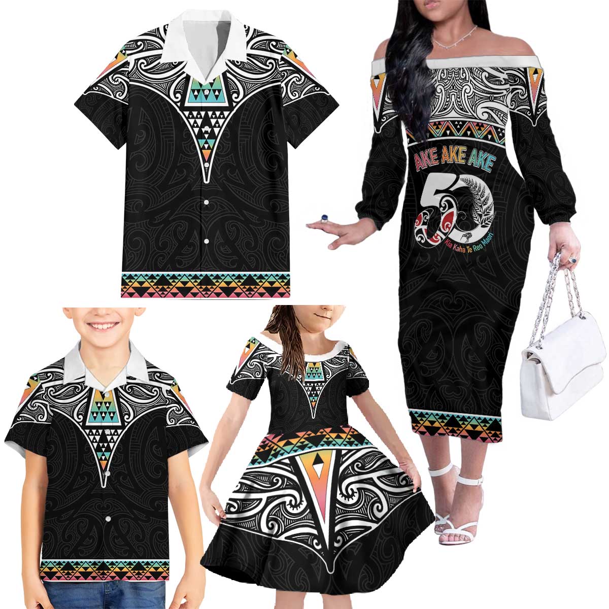 50 Years Kia Kaha Te Reo Maori Family Matching Off The Shoulder Long Sleeve Dress and Hawaiian Shirt Ake Ake Ake! - Aussie Hoodie