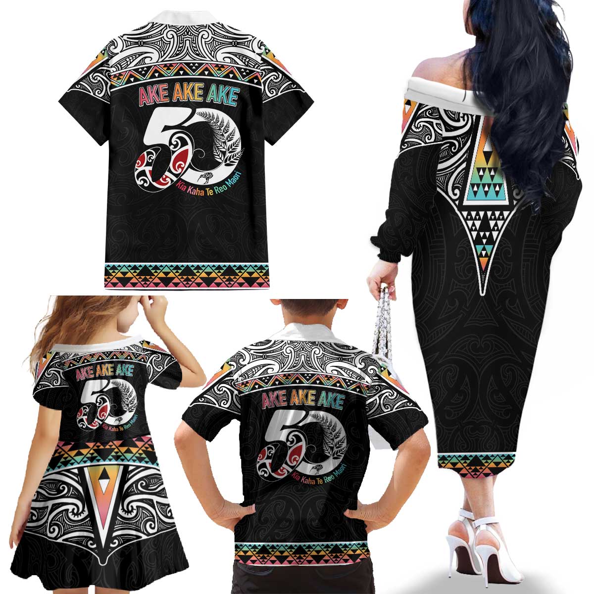 50 Years Kia Kaha Te Reo Maori Family Matching Off The Shoulder Long Sleeve Dress and Hawaiian Shirt Ake Ake Ake! - Aussie Hoodie