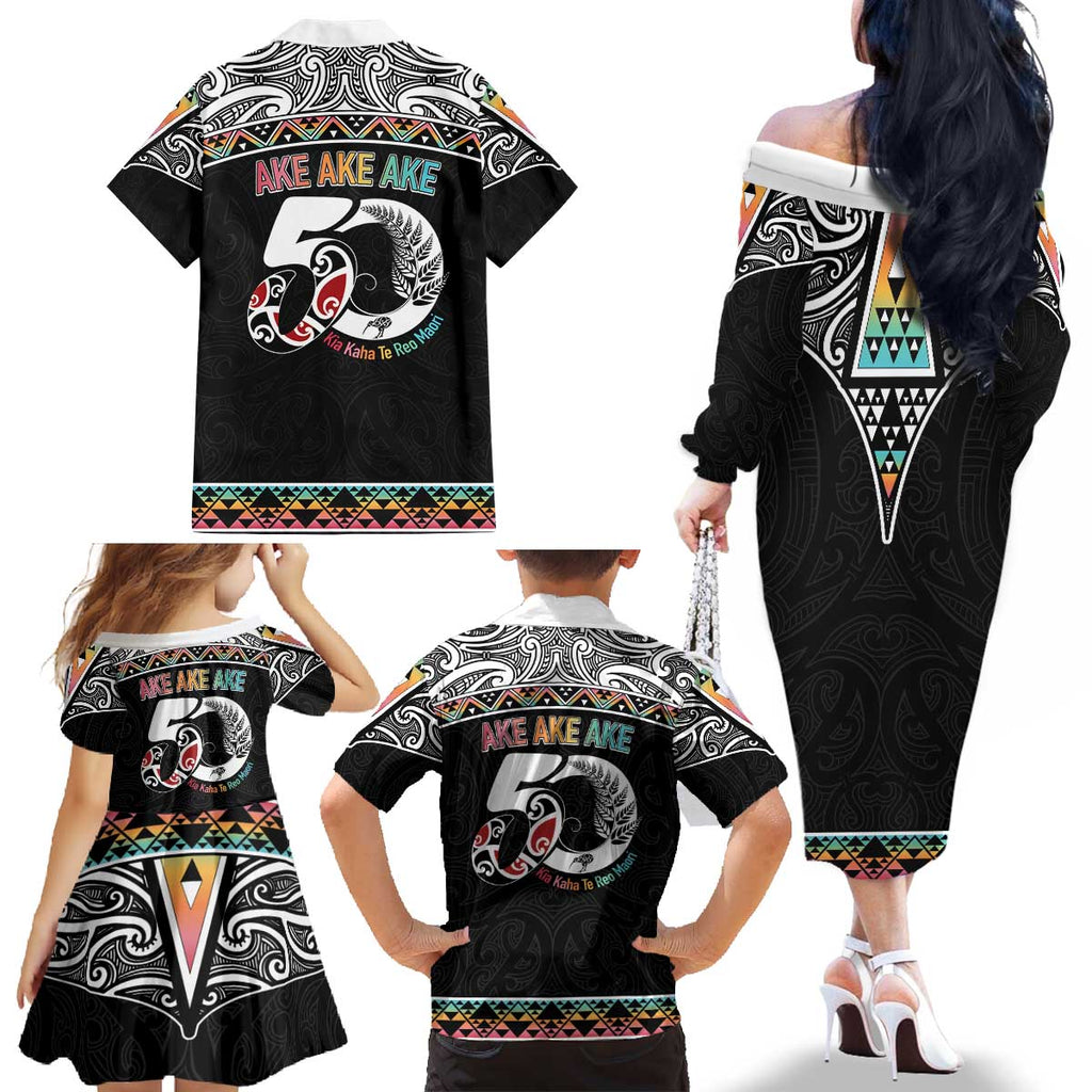 50 Years Kia Kaha Te Reo Maori Family Matching Off The Shoulder Long Sleeve Dress and Hawaiian Shirt Ake Ake Ake! - Aussie Hoodie