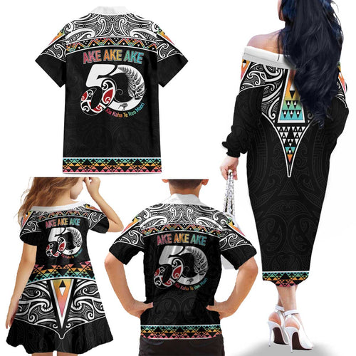 50 Years Kia Kaha Te Reo Maori Family Matching Off The Shoulder Long Sleeve Dress and Hawaiian Shirt Ake Ake Ake! - Aussie Hoodie