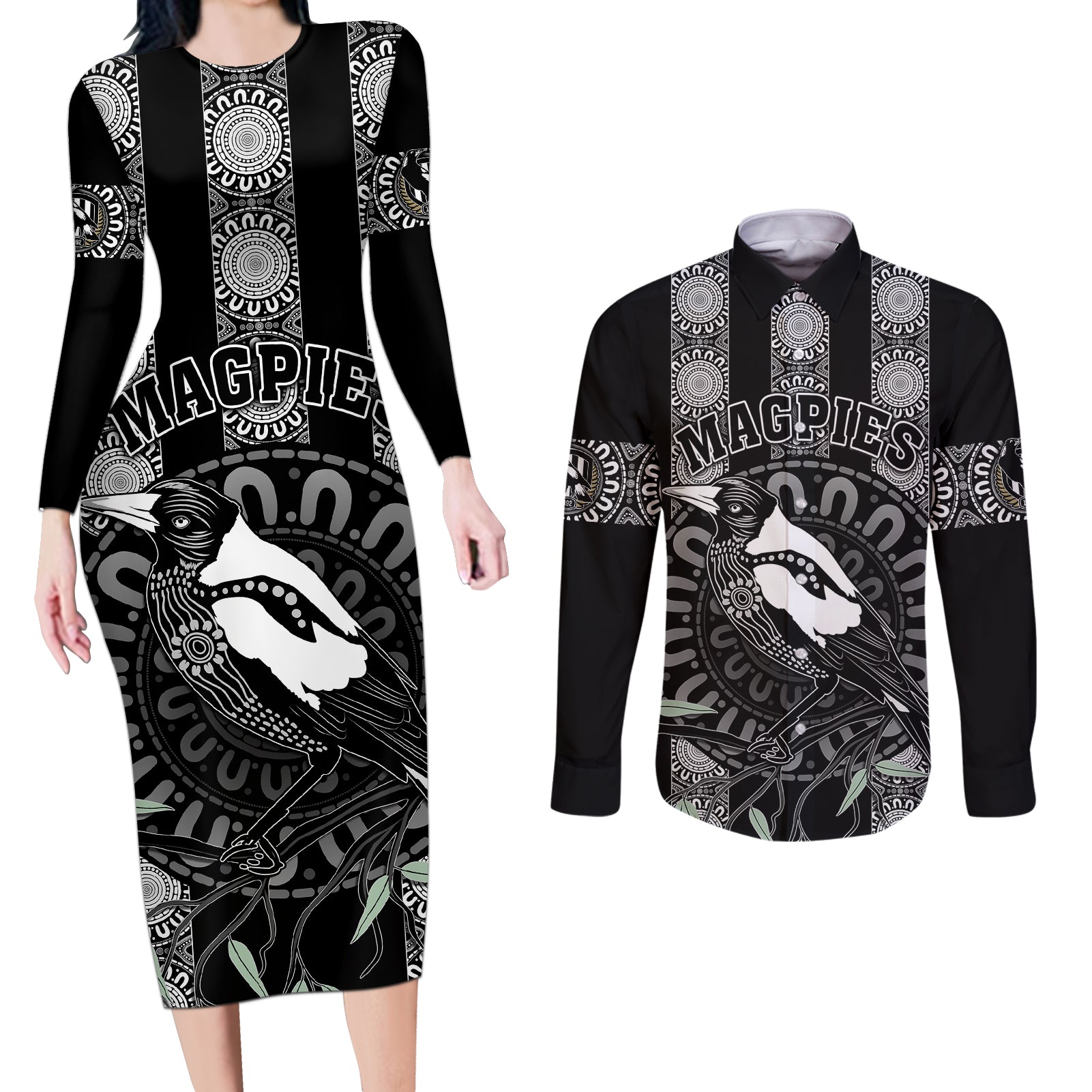 personalised-collingwood-football-couples-matching-long-sleeve-bodycon-dress-and-long-sleeve-button-shirts-champions-go-magpies