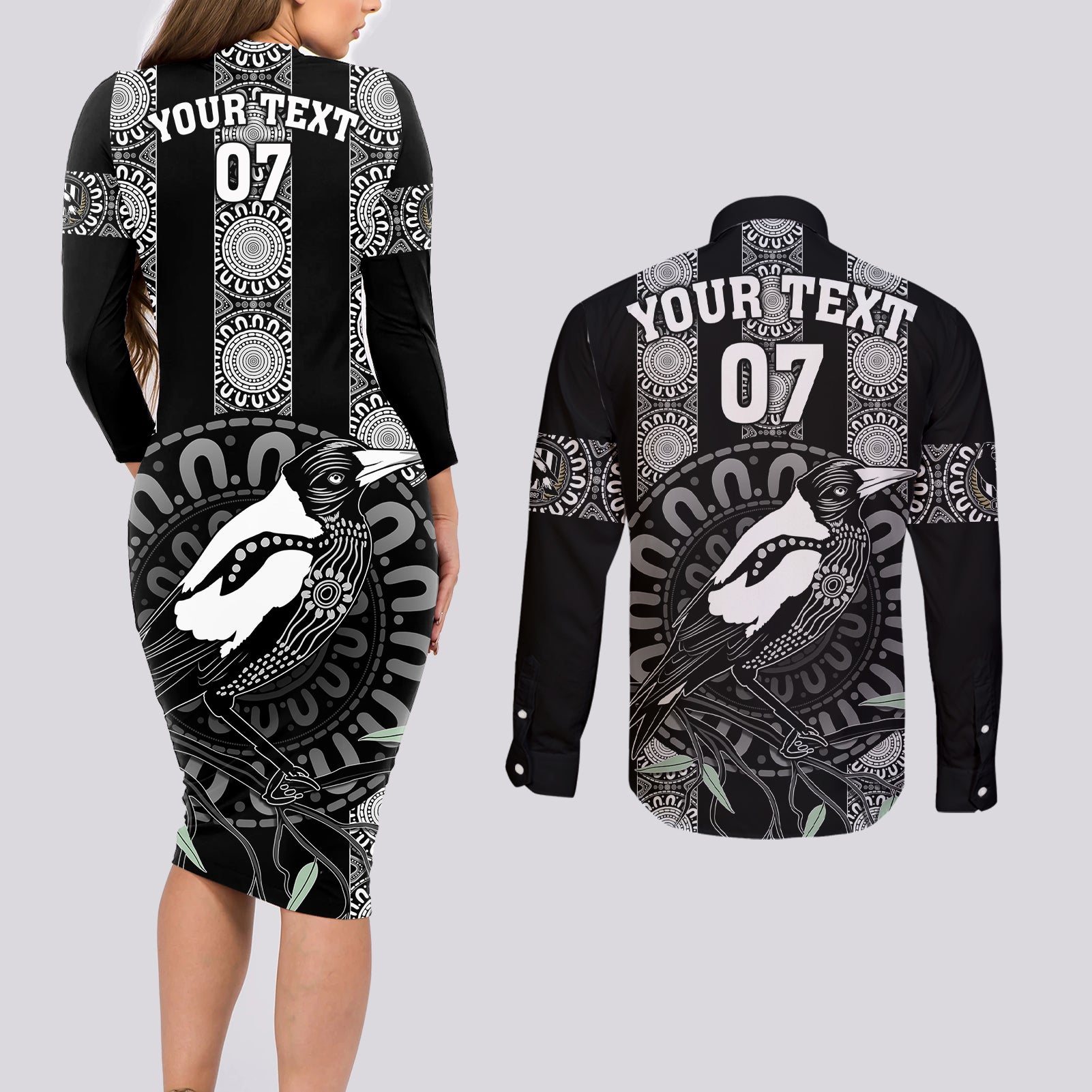 personalised-collingwood-football-couples-matching-long-sleeve-bodycon-dress-and-long-sleeve-button-shirts-champions-go-magpies