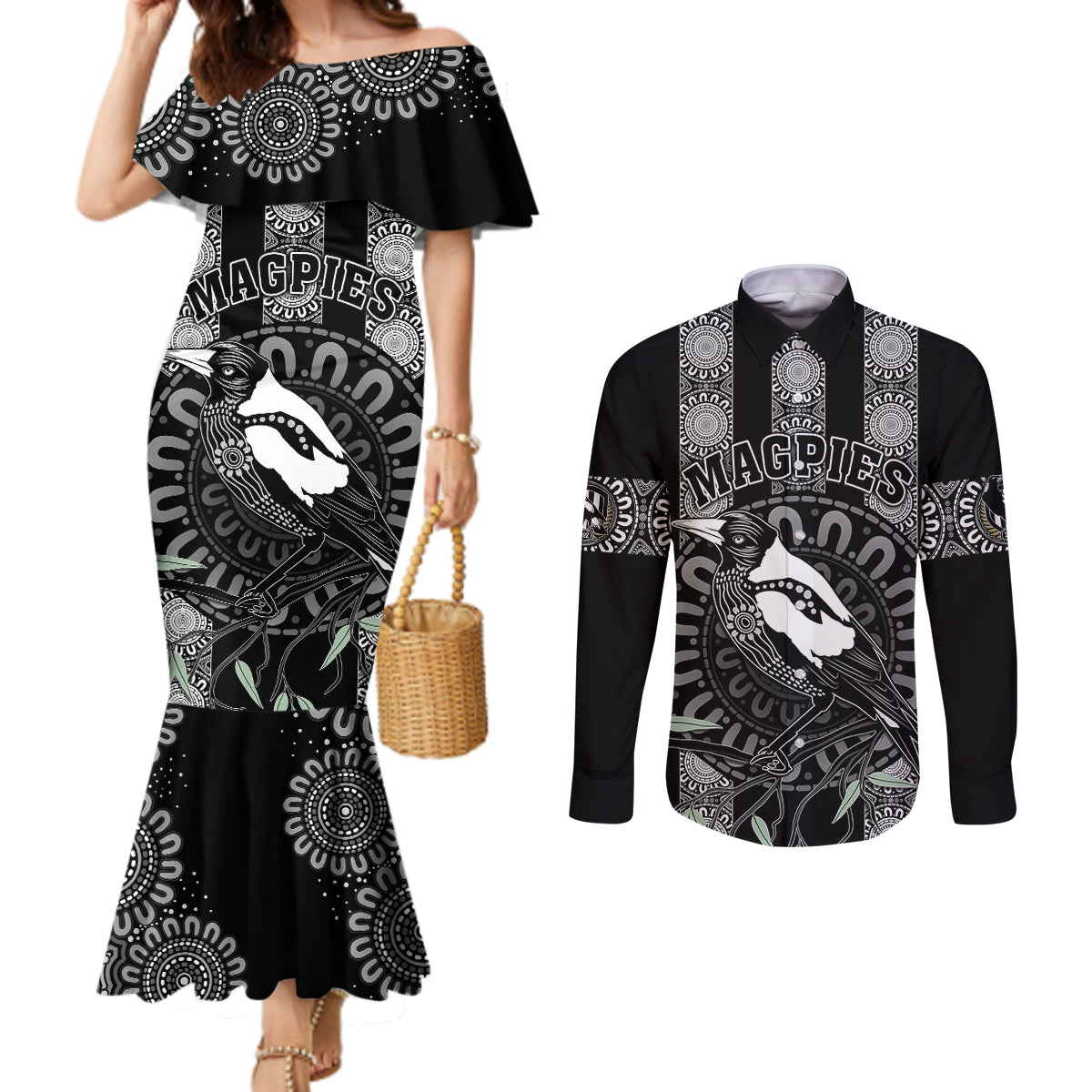 personalised-collingwood-football-couples-matching-mermaid-dress-and-long-sleeve-button-shirts-champions-go-magpies