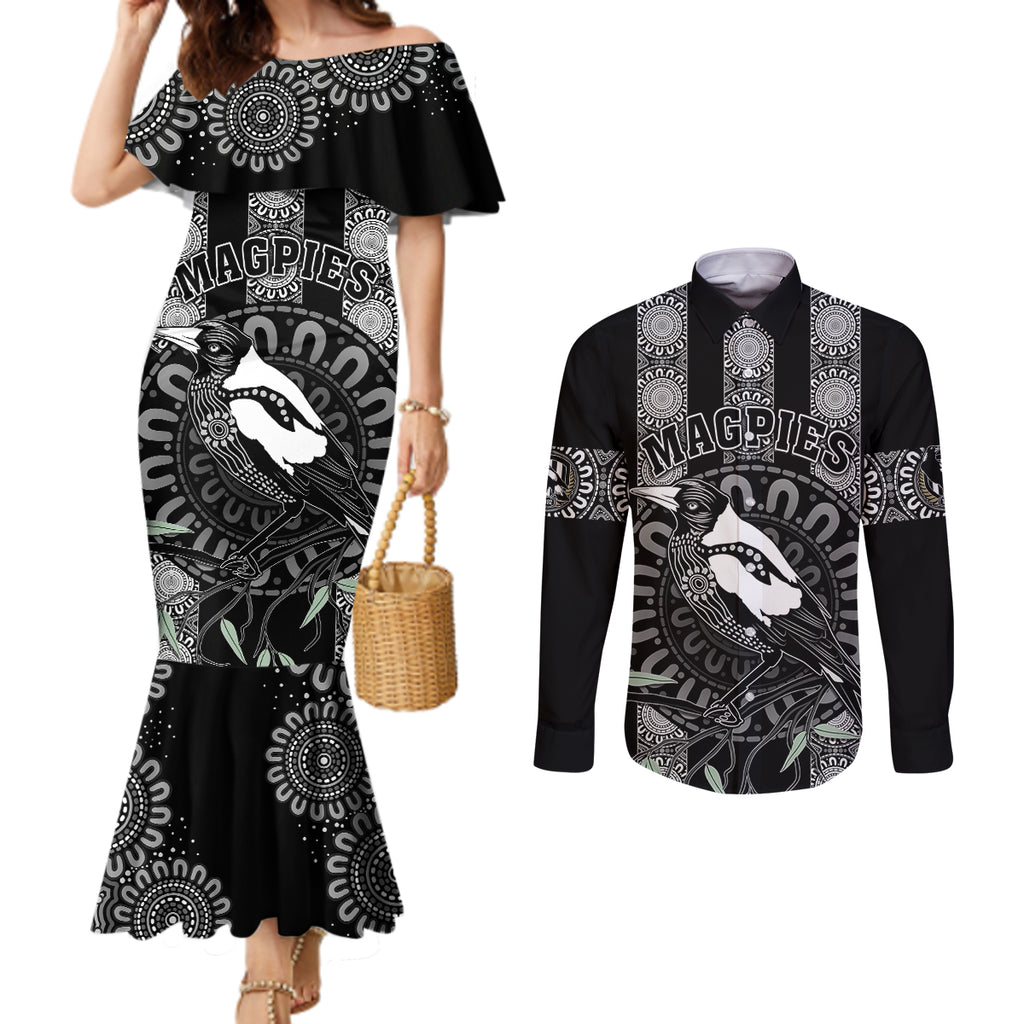 personalised-collingwood-football-couples-matching-mermaid-dress-and-long-sleeve-button-shirts-champions-go-magpies