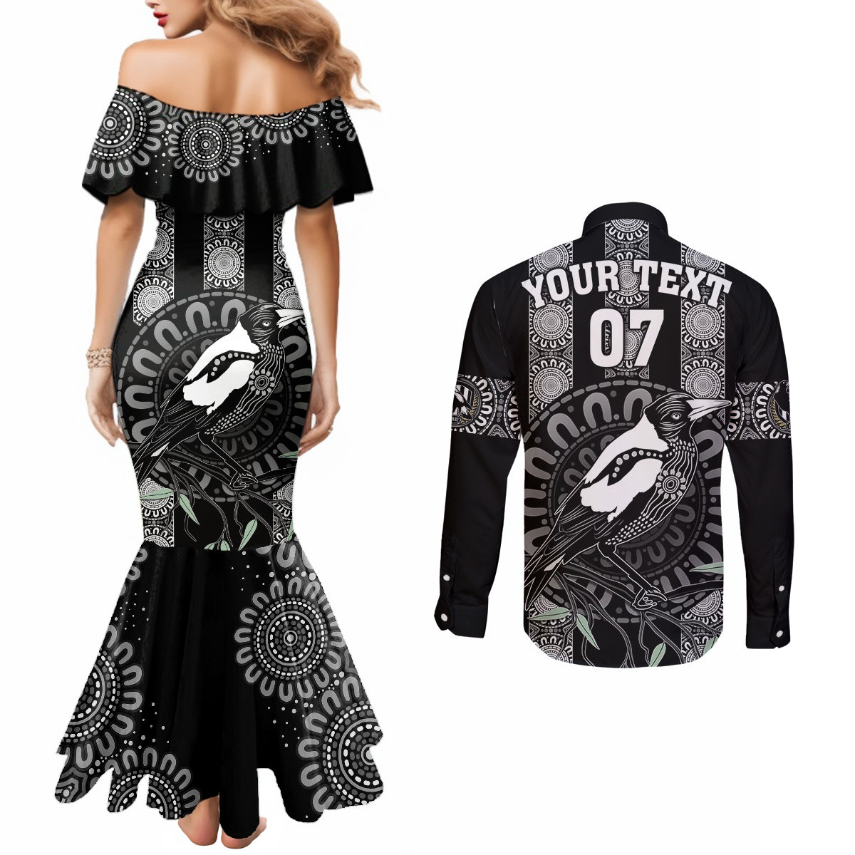 personalised-collingwood-football-couples-matching-mermaid-dress-and-long-sleeve-button-shirts-champions-go-magpies
