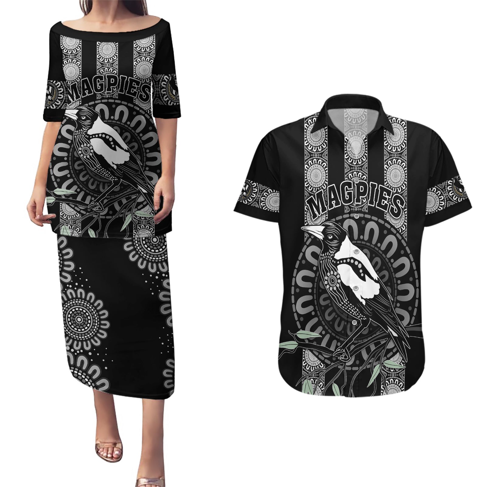 personalised-collingwood-football-couples-matching-puletasi-dress-and-hawaiian-shirt-champions-go-magpies