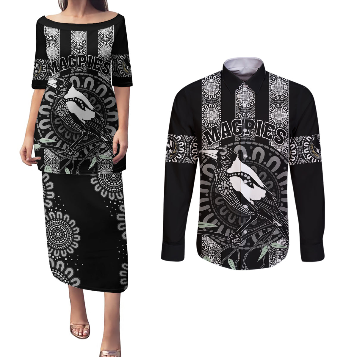 personalised-collingwood-football-couples-matching-puletasi-dress-and-long-sleeve-button-shirts-champions-go-magpies