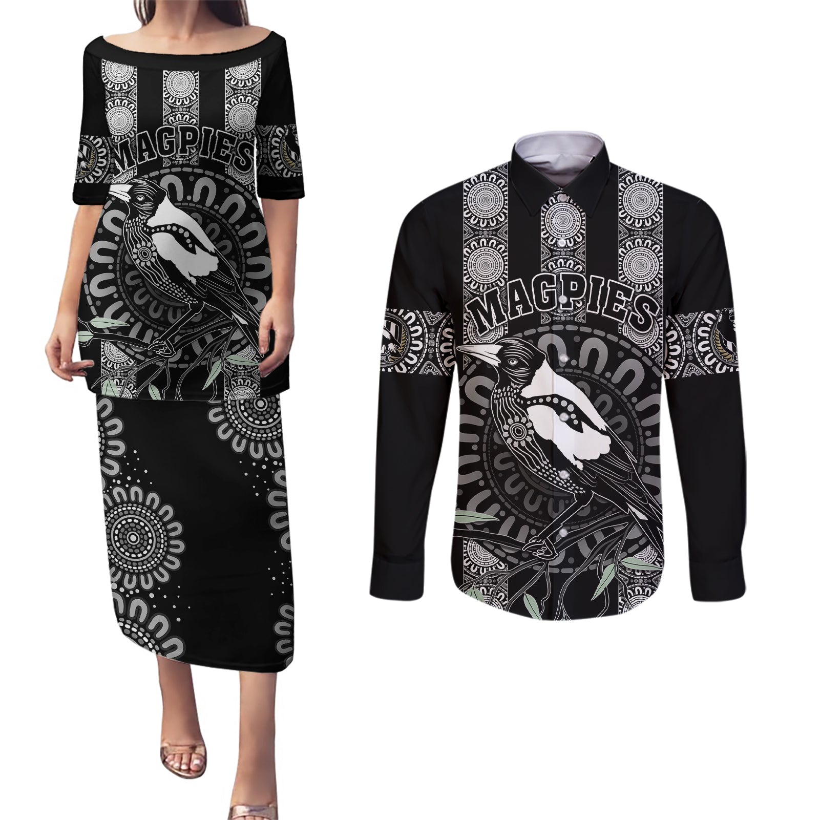personalised-collingwood-football-couples-matching-puletasi-dress-and-long-sleeve-button-shirts-champions-go-magpies