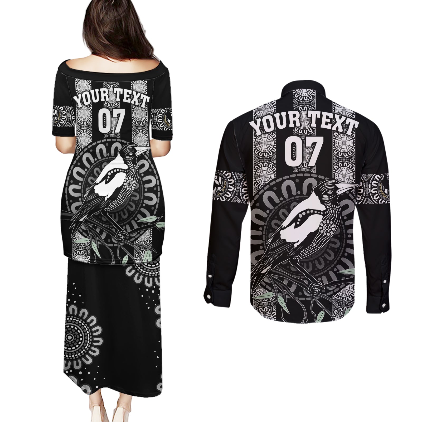 personalised-collingwood-football-couples-matching-puletasi-dress-and-long-sleeve-button-shirts-champions-go-magpies