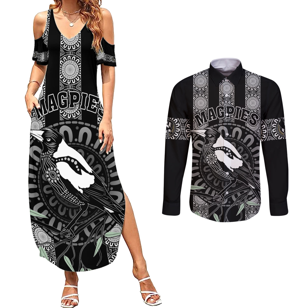 personalised-collingwood-football-couples-matching-summer-maxi-dress-and-long-sleeve-button-shirts-champions-go-magpies
