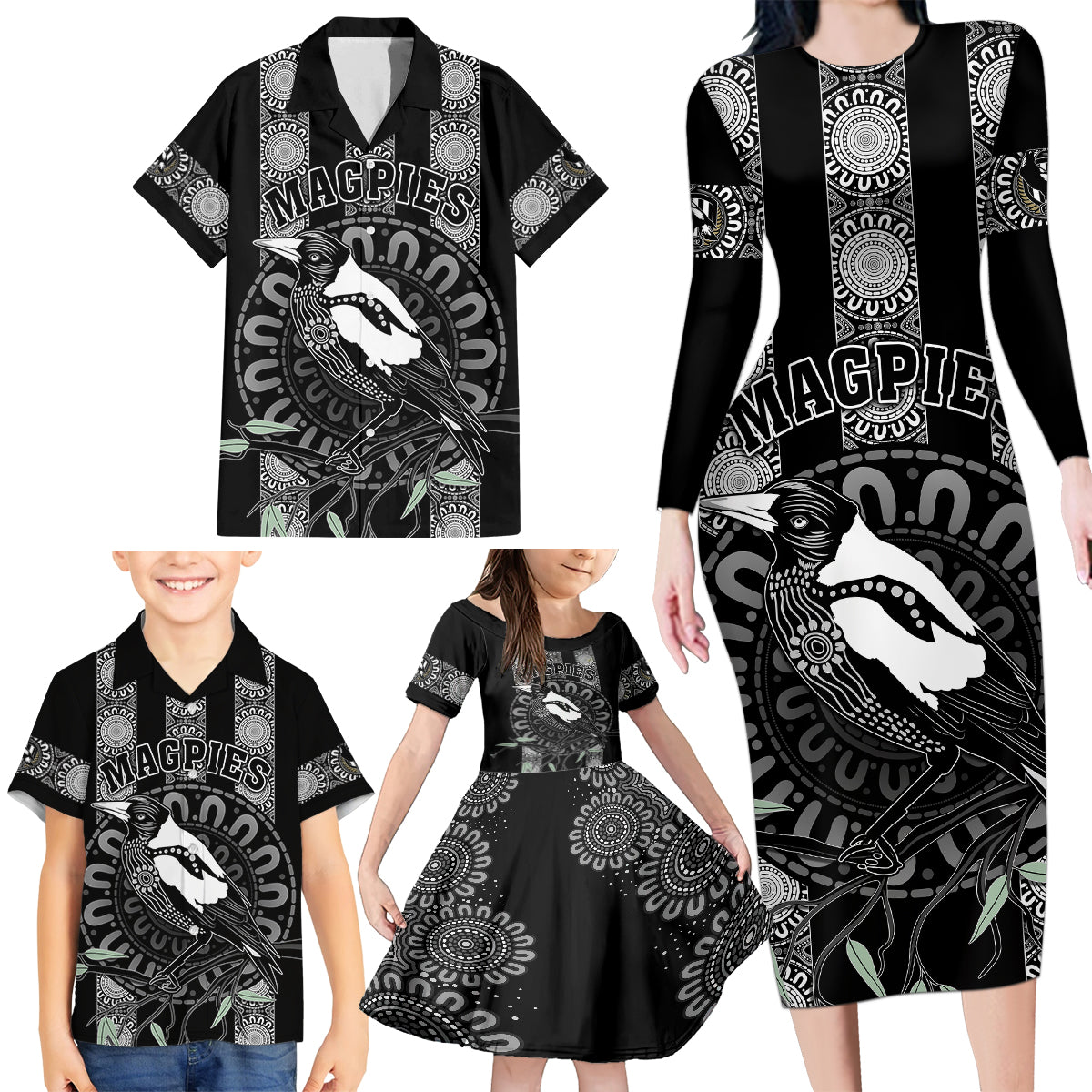 personalised-collingwood-football-family-matching-long-sleeve-bodycon-dress-and-hawaiian-shirt-champions-go-magpies
