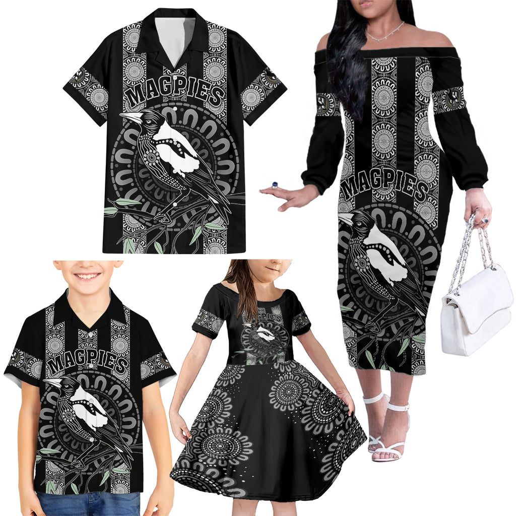 personalised-collingwood-football-family-matching-off-shoulder-long-sleeve-dress-and-hawaiian-shirt-champions-go-magpies