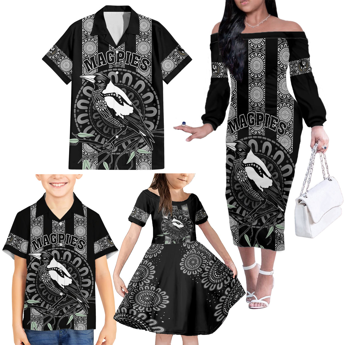 personalised-collingwood-football-family-matching-off-shoulder-long-sleeve-dress-and-hawaiian-shirt-champions-go-magpies
