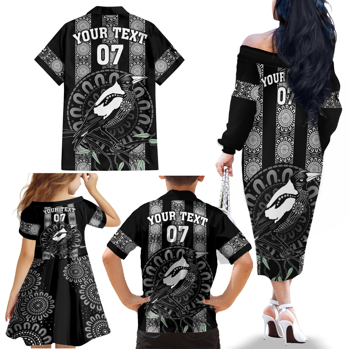 personalised-collingwood-football-family-matching-off-shoulder-long-sleeve-dress-and-hawaiian-shirt-champions-go-magpies