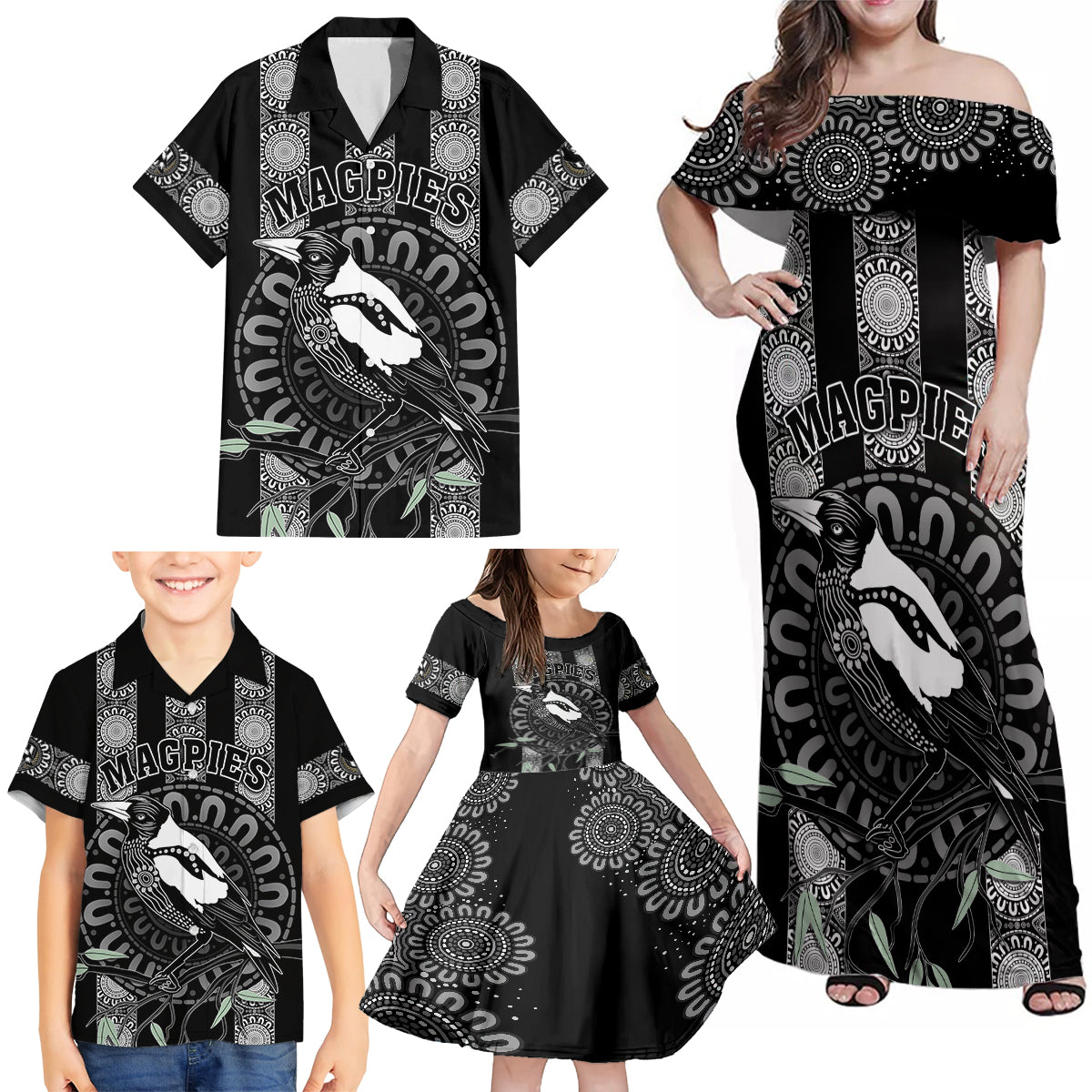 personalised-collingwood-football-family-matching-off-shoulder-maxi-dress-and-hawaiian-shirt-champions-go-magpies