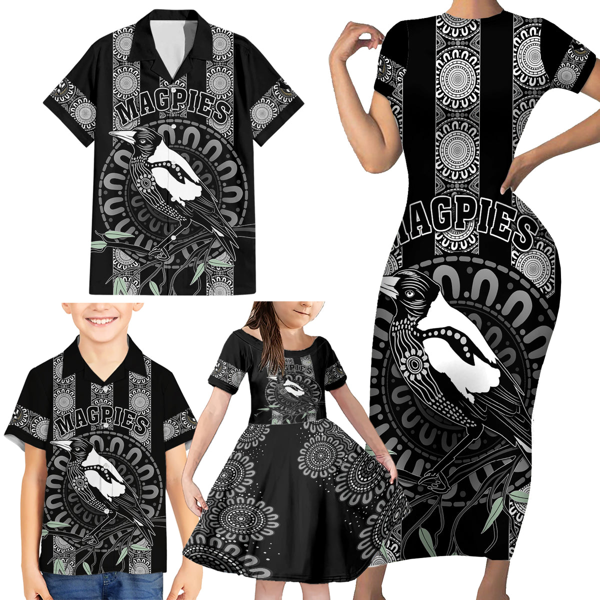 personalised-collingwood-football-family-matching-short-sleeve-bodycon-dress-and-hawaiian-shirt-champions-go-magpies