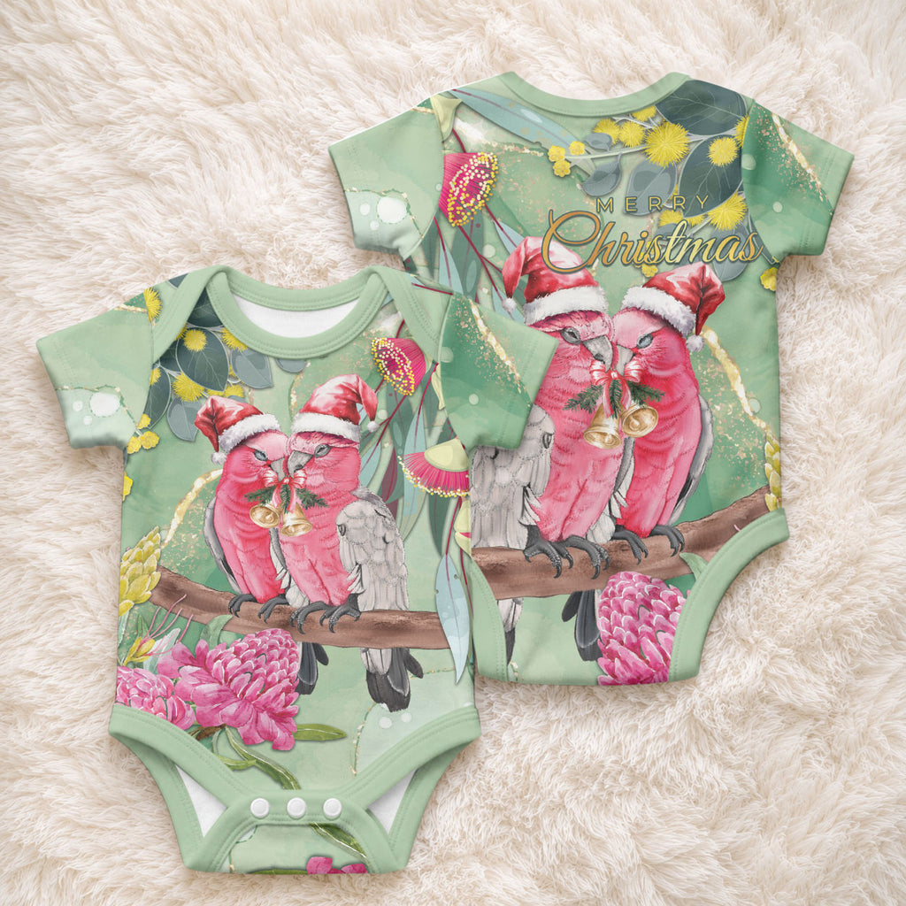 Australia Galah Birds Couple Christmas Baby Onesie Mint Glaze