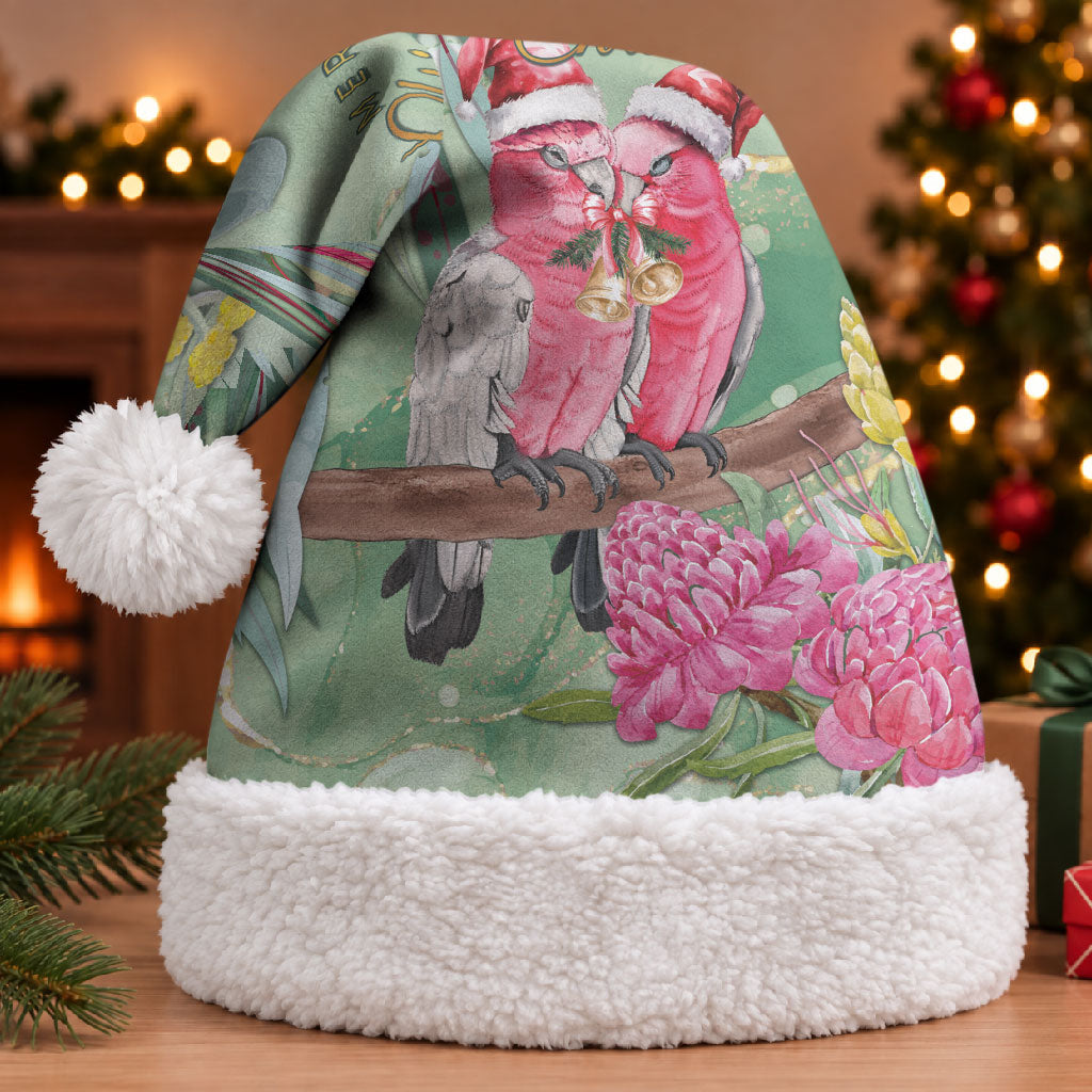 Australia Galah Birds Couple Christmas Santa Hat Mint Glaze