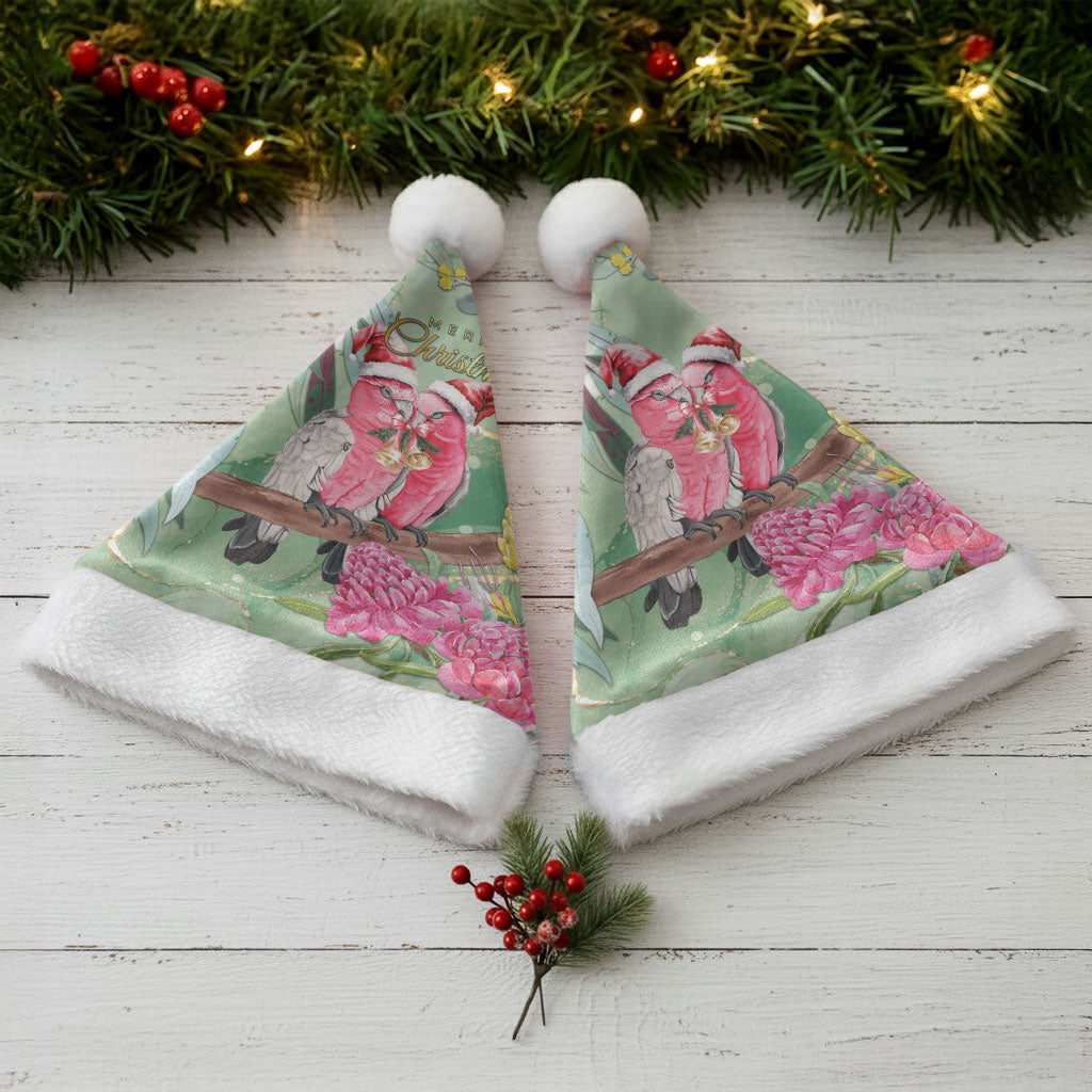 Australia Galah Birds Couple Christmas Santa Hat Mint Glaze