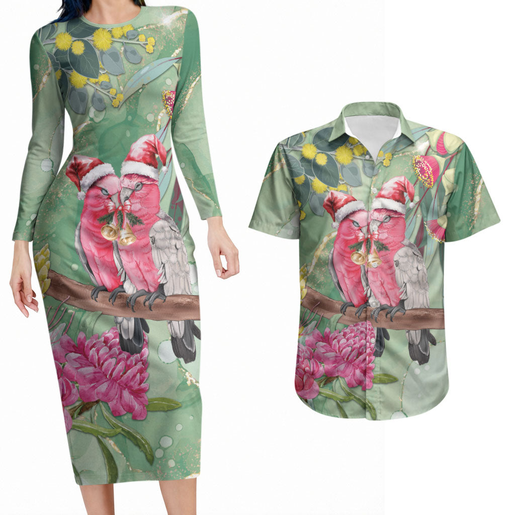 Australia Galah Birds Couple Christmas Couples Matching Long Sleeve Bodycon Dress and Hawaiian Shirt Mint Glaze