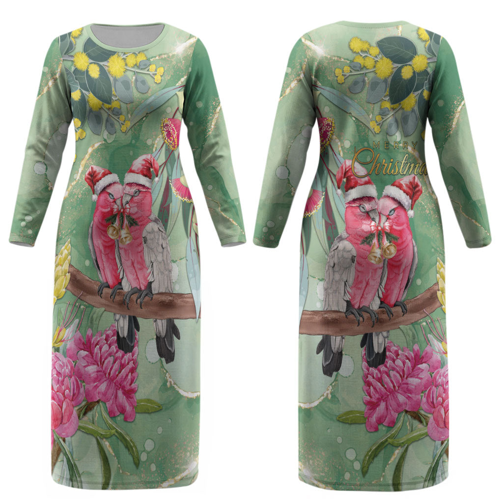 Australia Galah Birds Couple Christmas Couples Matching Long Sleeve Bodycon Dress and Hawaiian Shirt Mint Glaze