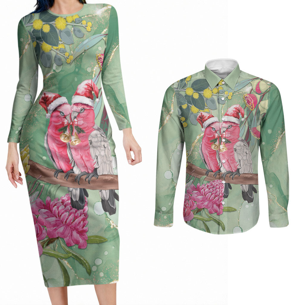 Australia Galah Birds Couple Christmas Couples Matching Long Sleeve Bodycon Dress and Long Sleeve Button Shirt Mint Glaze