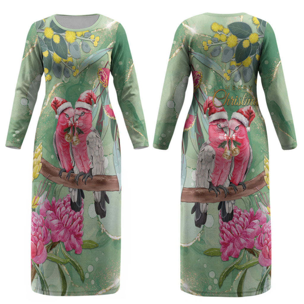 Australia Galah Birds Couple Christmas Couples Matching Long Sleeve Bodycon Dress and Long Sleeve Button Shirt Mint Glaze