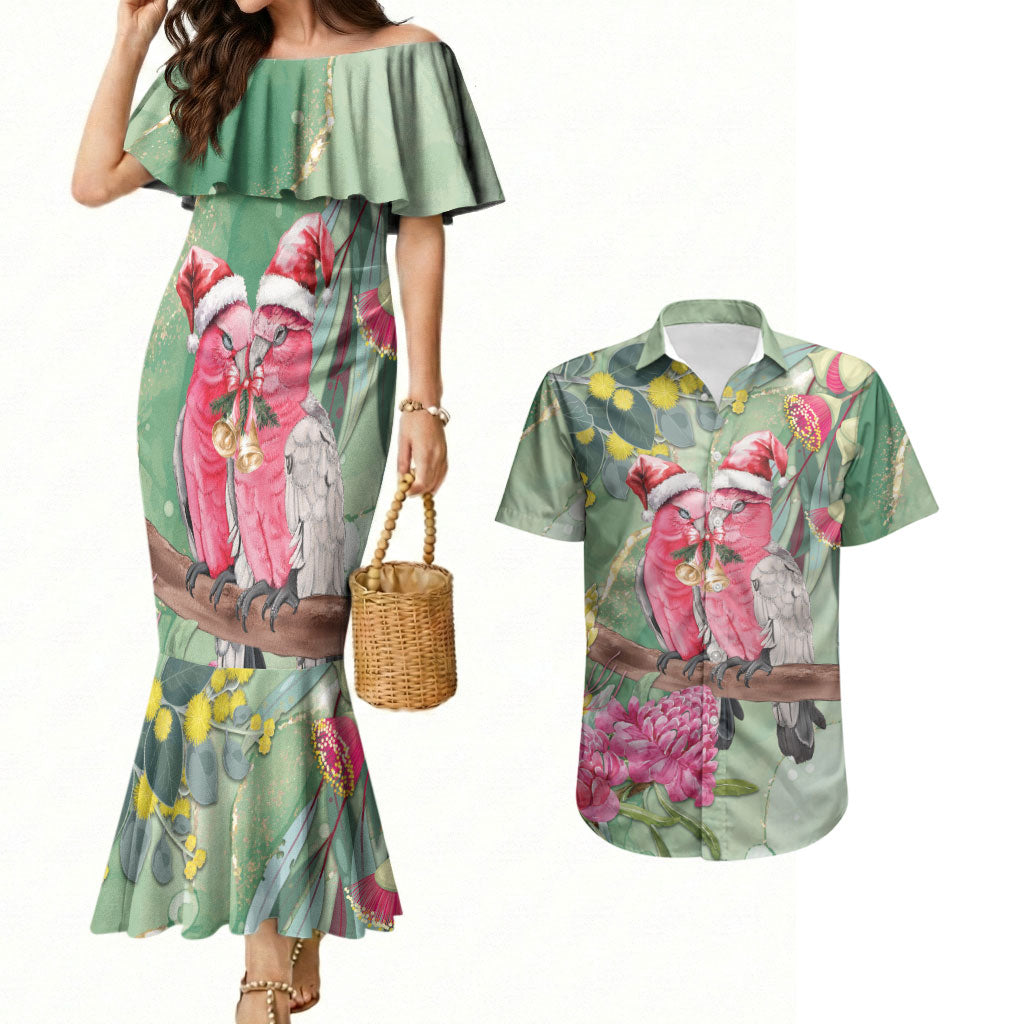 Australia Galah Birds Couple Christmas Couples Matching Mermaid Dress and Hawaiian Shirt Mint Glaze