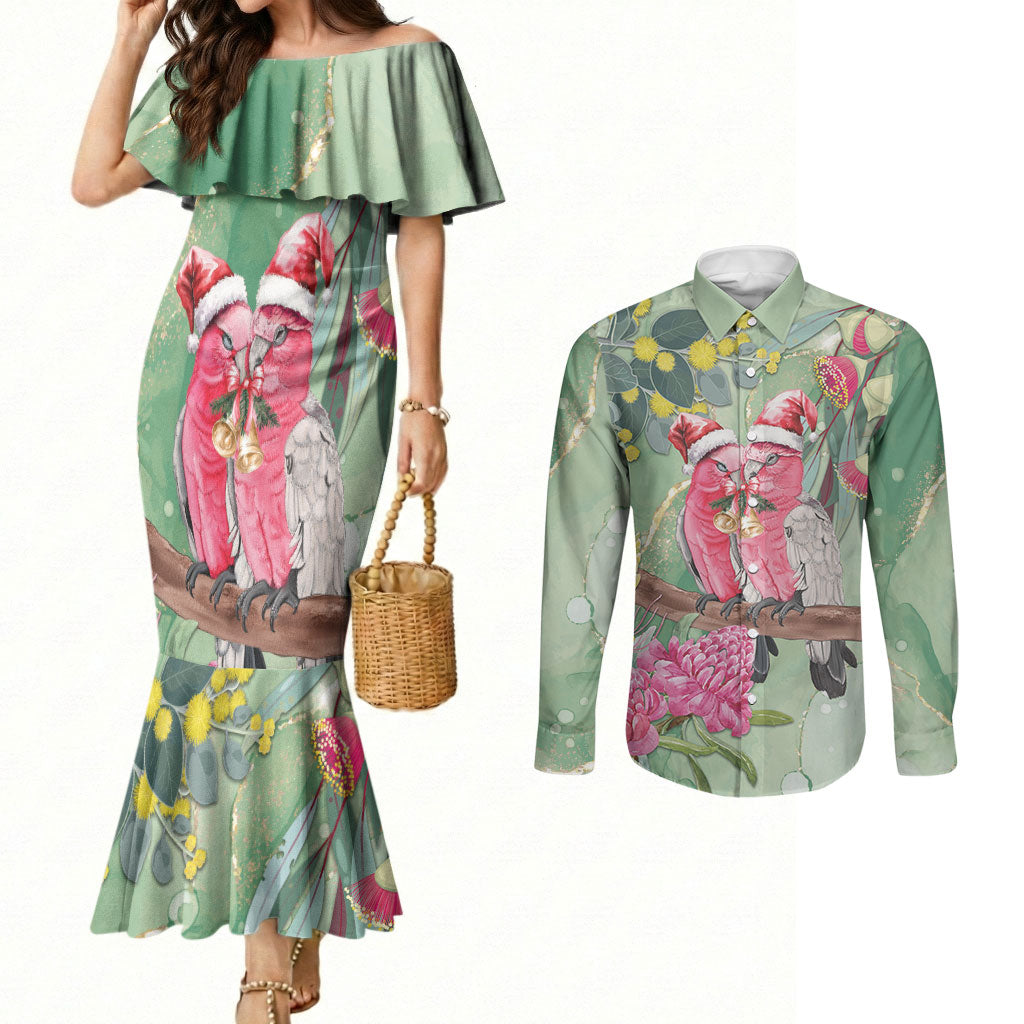 Australia Galah Birds Couple Christmas Couples Matching Mermaid Dress and Long Sleeve Button Shirt Mint Glaze