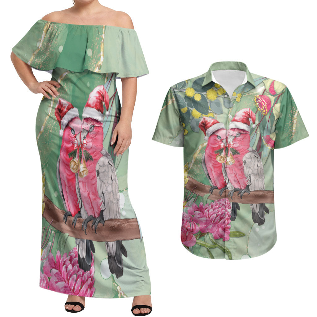 Australia Galah Birds Couple Christmas Couples Matching Off Shoulder Maxi Dress and Hawaiian Shirt Mint Glaze
