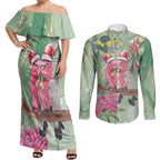 Australia Galah Birds Couple Christmas Couples Matching Off Shoulder Maxi Dress and Long Sleeve Button Shirt Mint Glaze