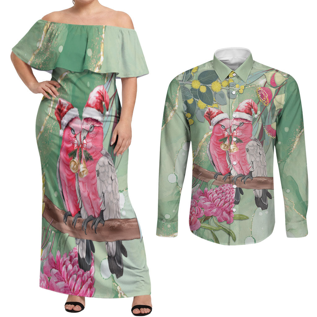Australia Galah Birds Couple Christmas Couples Matching Off Shoulder Maxi Dress and Long Sleeve Button Shirt Mint Glaze