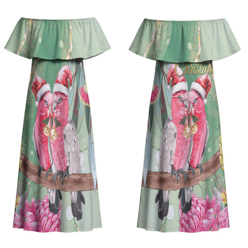 Australia Galah Birds Couple Christmas Couples Matching Off Shoulder Maxi Dress and Long Sleeve Button Shirt Mint Glaze