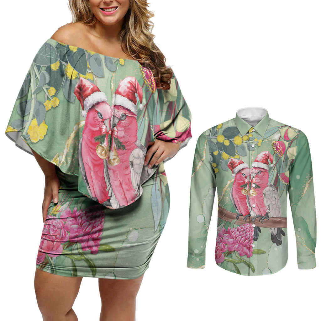 Australia Galah Birds Couple Christmas Couples Matching Off Shoulder Short Dress and Long Sleeve Button Shirt Mint Glaze
